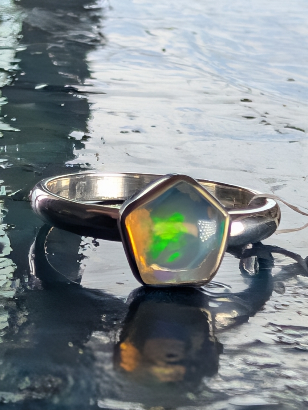 Genuine Natural Ethiopian Opal Hexagon Sterling Silver Ring Size 8.5 🆕